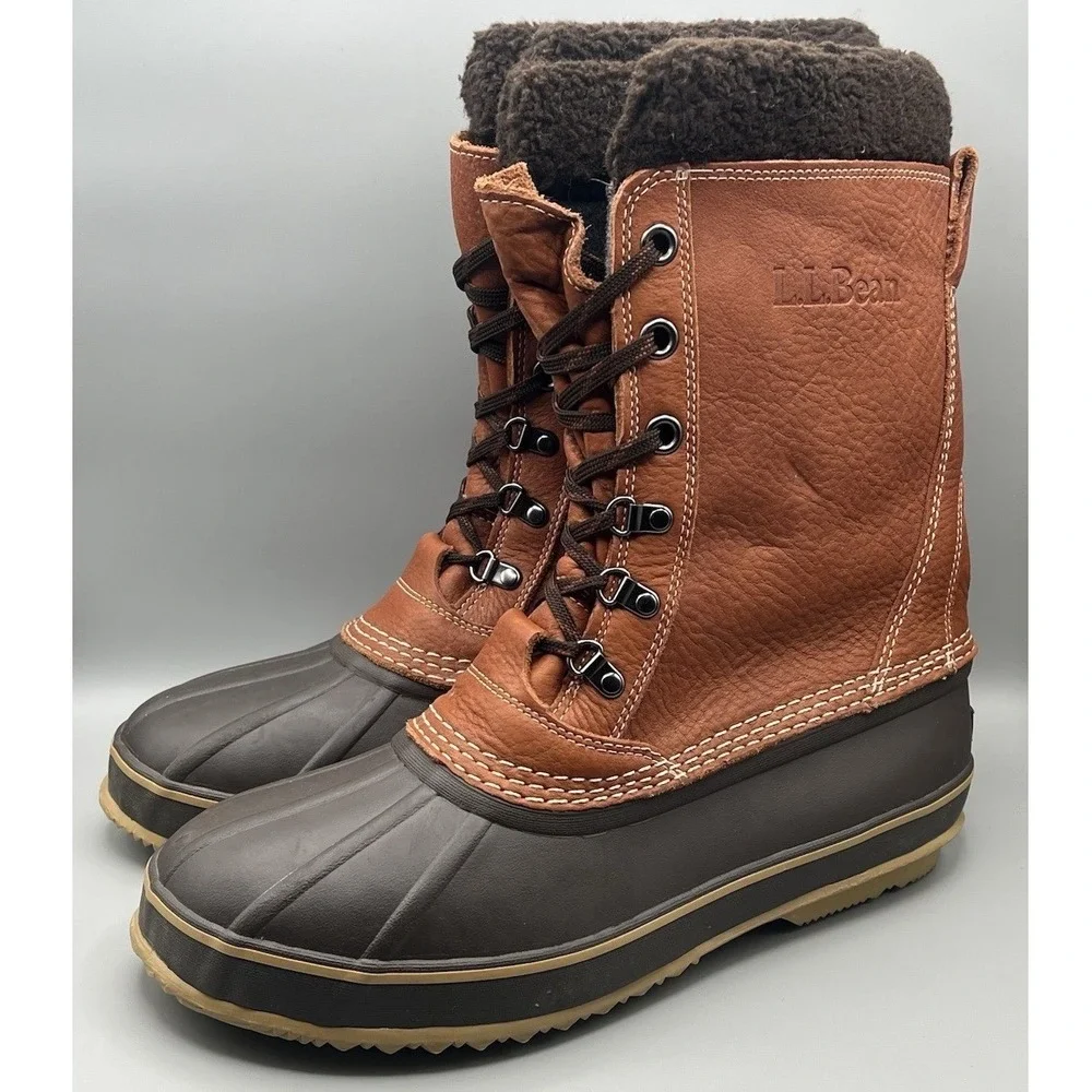 LL‎ Bean Brown Leather Removable Wool Liner Tall Duck Snow Boots - Men's Size 12